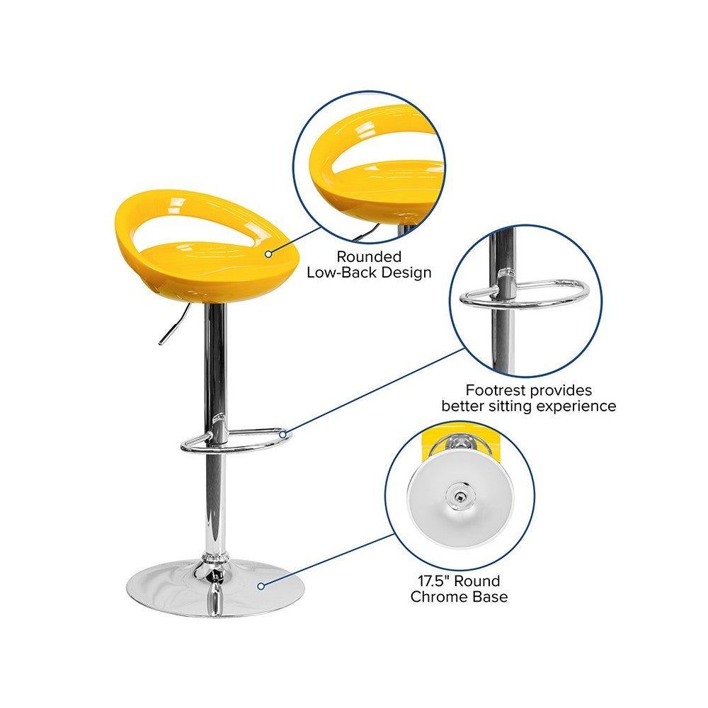 Contemporary Yellow Plastic Adjustable Height Barstool with Rounded Cutout Back and Chrome Base