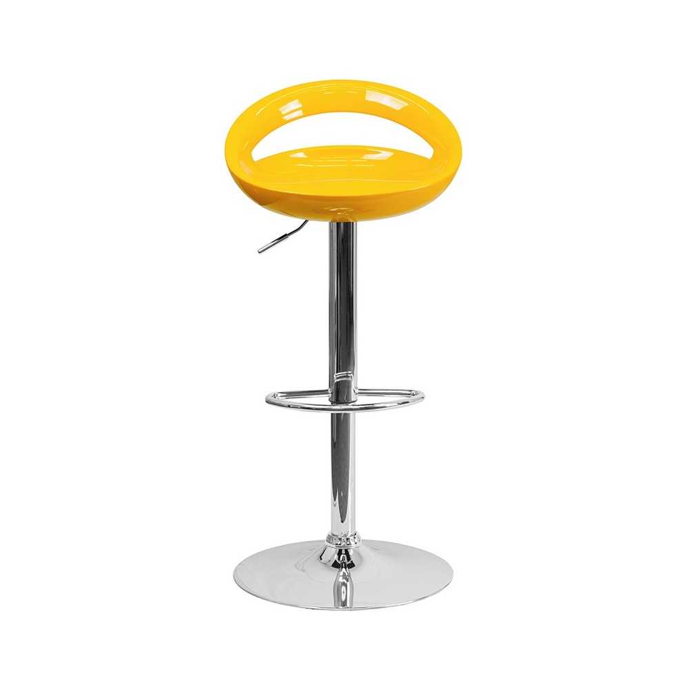 Contemporary Yellow Plastic Adjustable Height Barstool with Rounded Cutout Back and Chrome Base