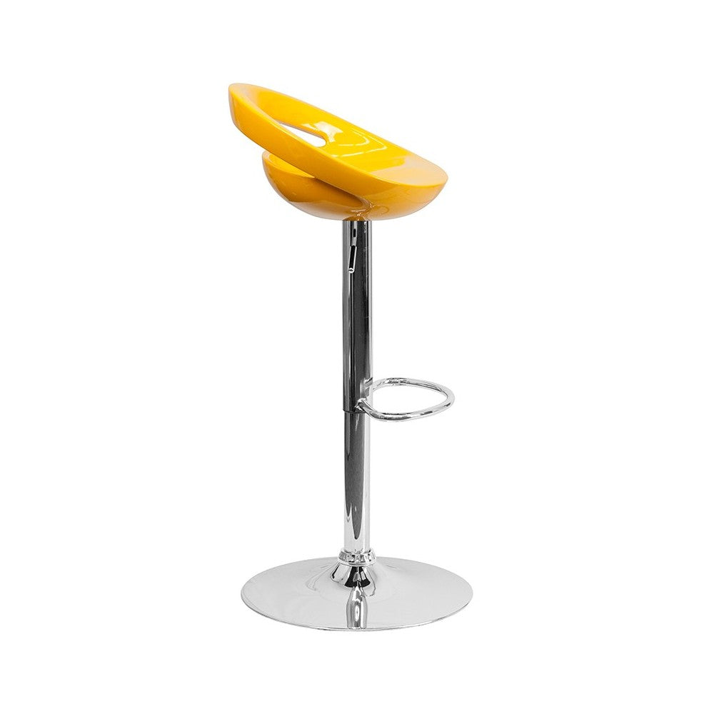 Contemporary Yellow Plastic Adjustable Height Barstool with Rounded Cutout Back and Chrome Base