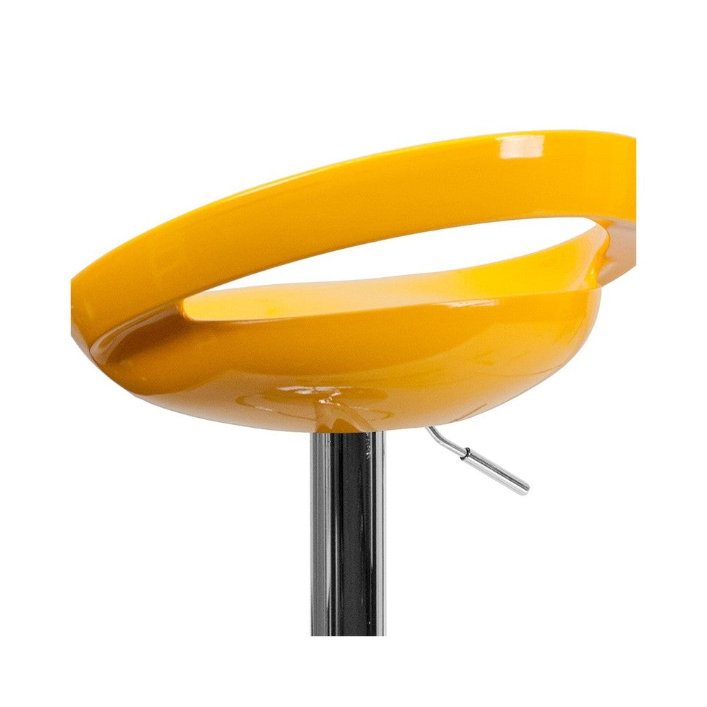 Contemporary Yellow Plastic Adjustable Height Barstool with Rounded Cutout Back and Chrome Base