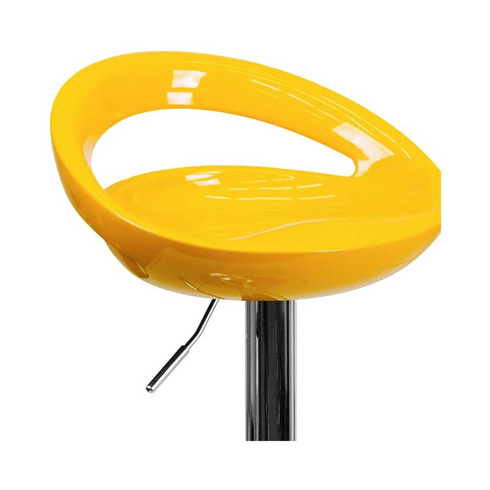 Contemporary Yellow Plastic Adjustable Height Barstool with Rounded Cutout Back and Chrome Base