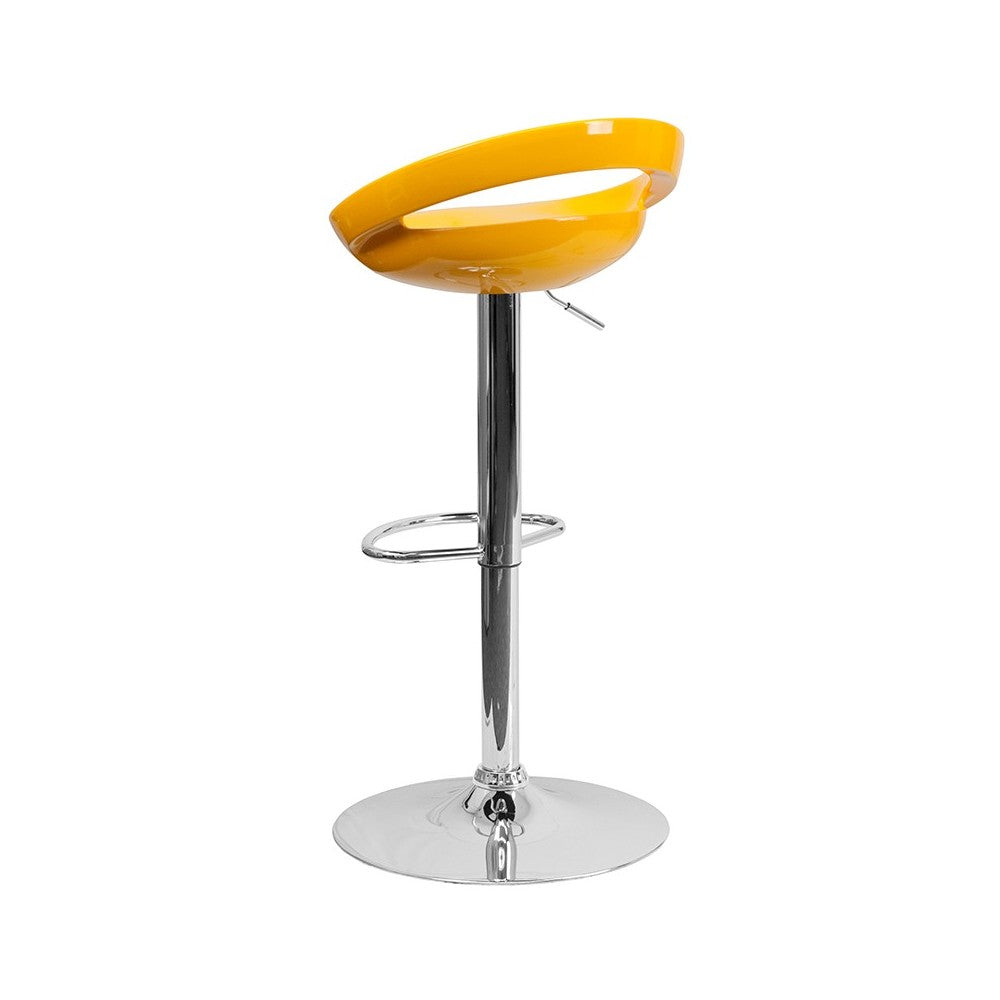 Contemporary Yellow Plastic Adjustable Height Barstool with Rounded Cutout Back and Chrome Base