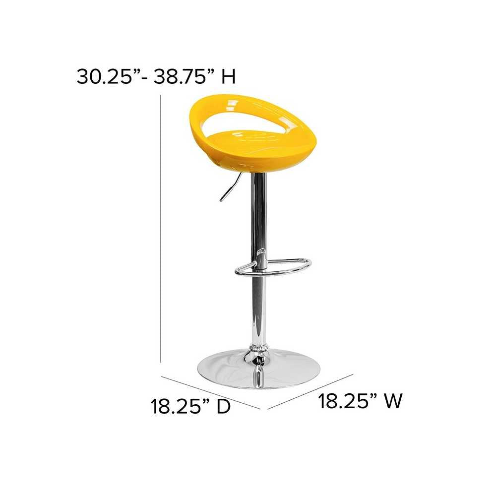 Contemporary Yellow Plastic Adjustable Height Barstool with Rounded Cutout Back and Chrome Base