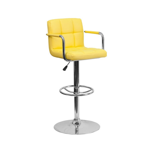 Contemporary Yellow Quilted Vinyl Adjustable Height Barstool with Arms and Chrome Base