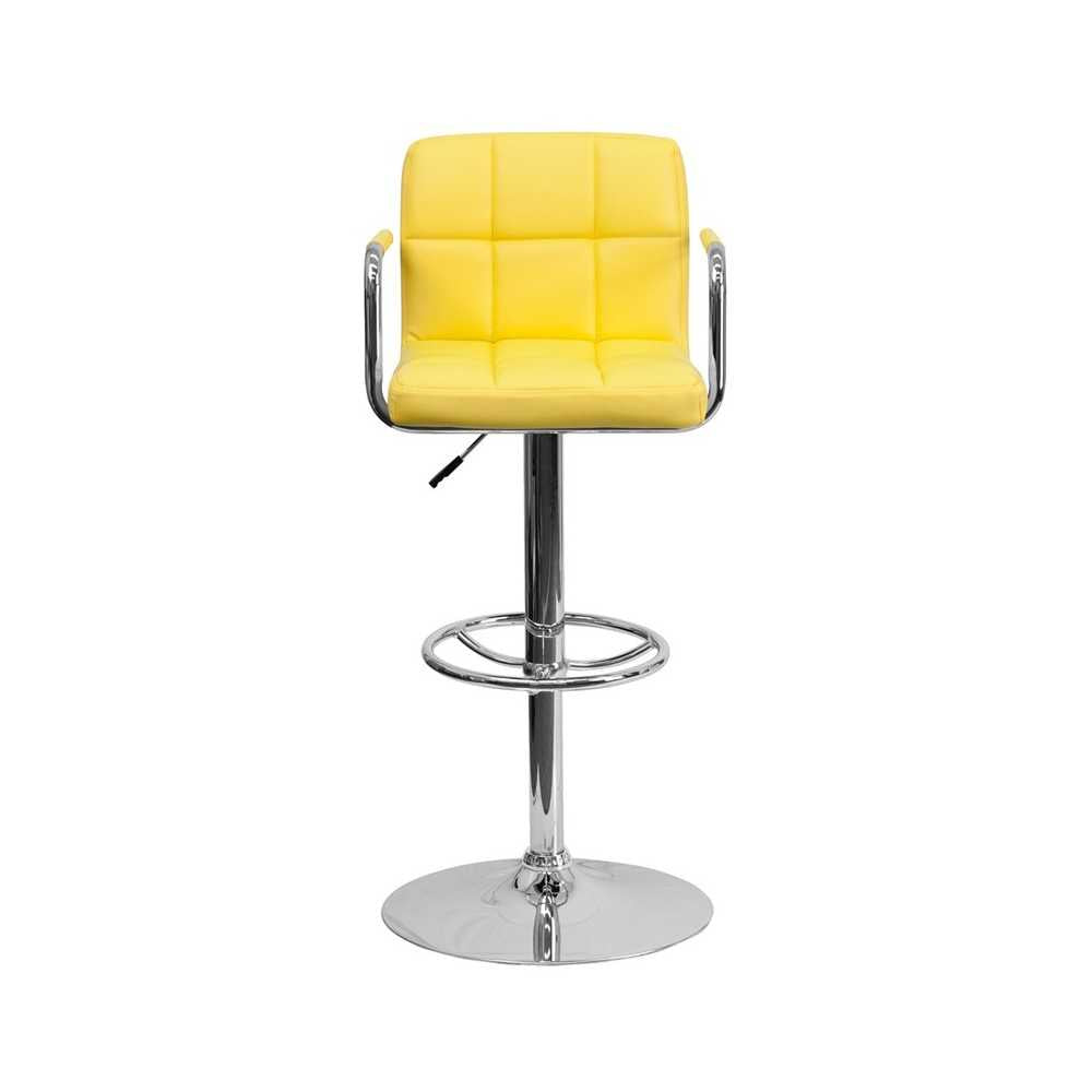 Contemporary Yellow Quilted Vinyl Adjustable Height Barstool with Arms and Chrome Base