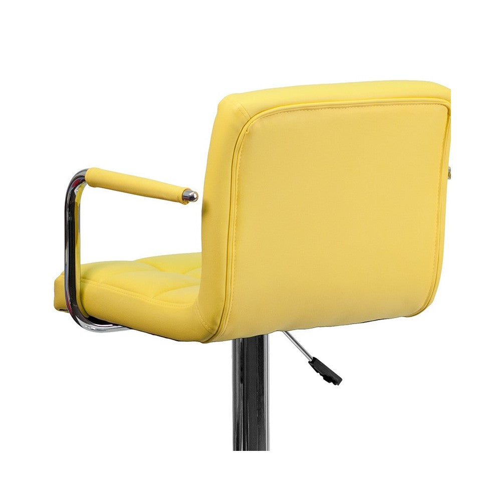 Contemporary Yellow Quilted Vinyl Adjustable Height Barstool with Arms and Chrome Base