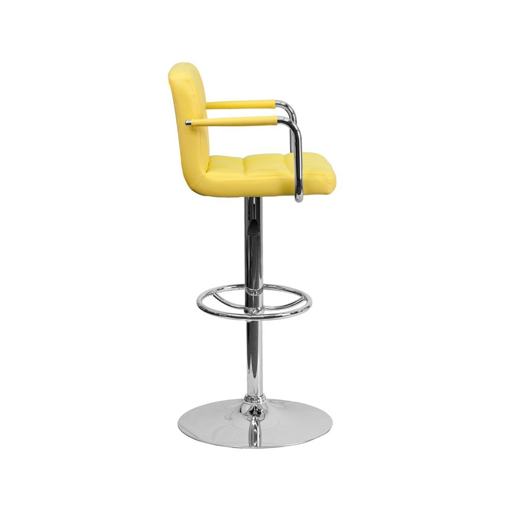 Contemporary Yellow Quilted Vinyl Adjustable Height Barstool with Arms and Chrome Base