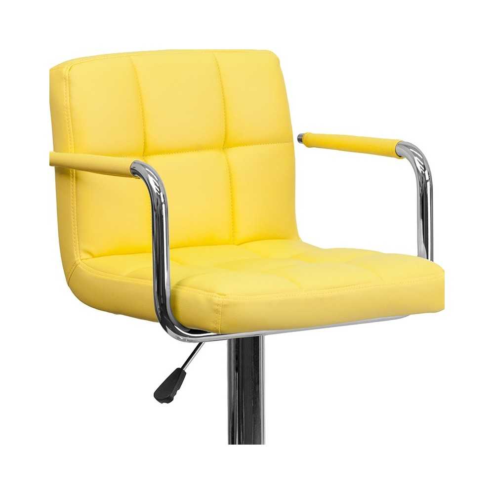 Contemporary Yellow Quilted Vinyl Adjustable Height Barstool with Arms and Chrome Base