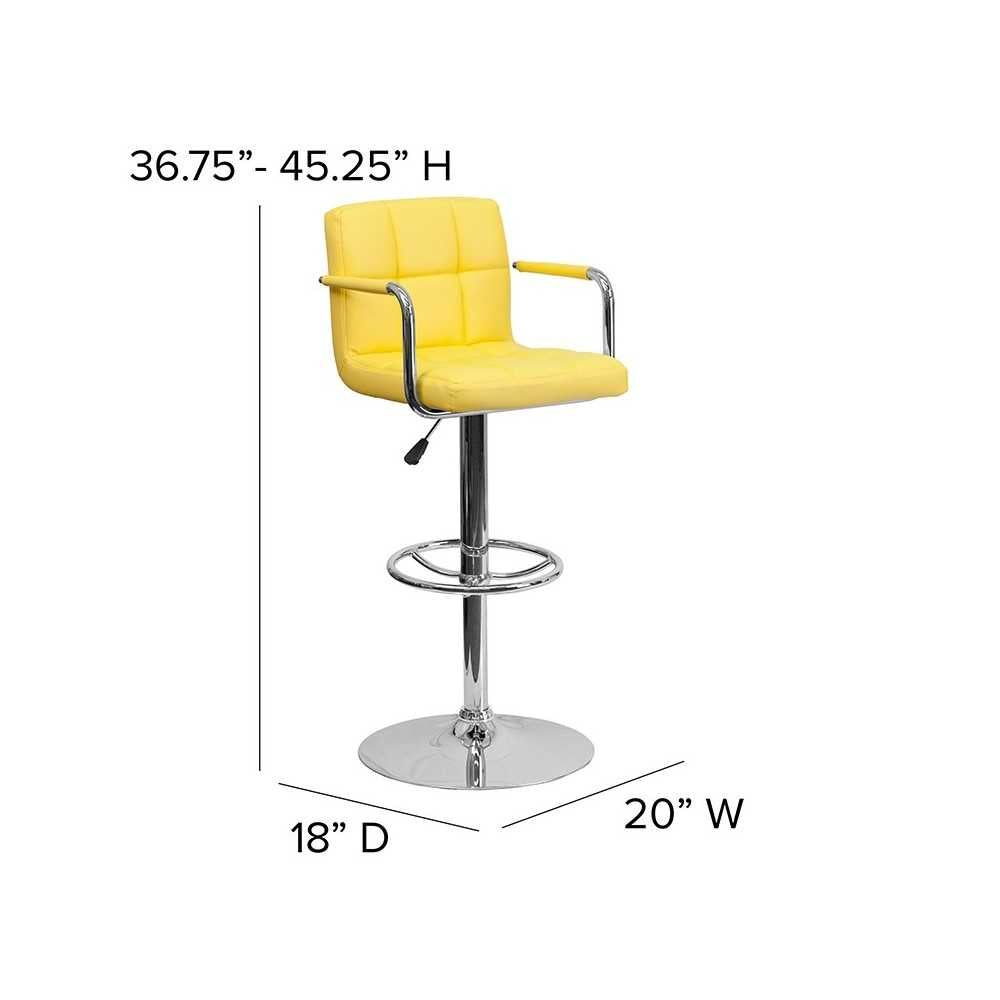Contemporary Yellow Quilted Vinyl Adjustable Height Barstool with Arms and Chrome Base
