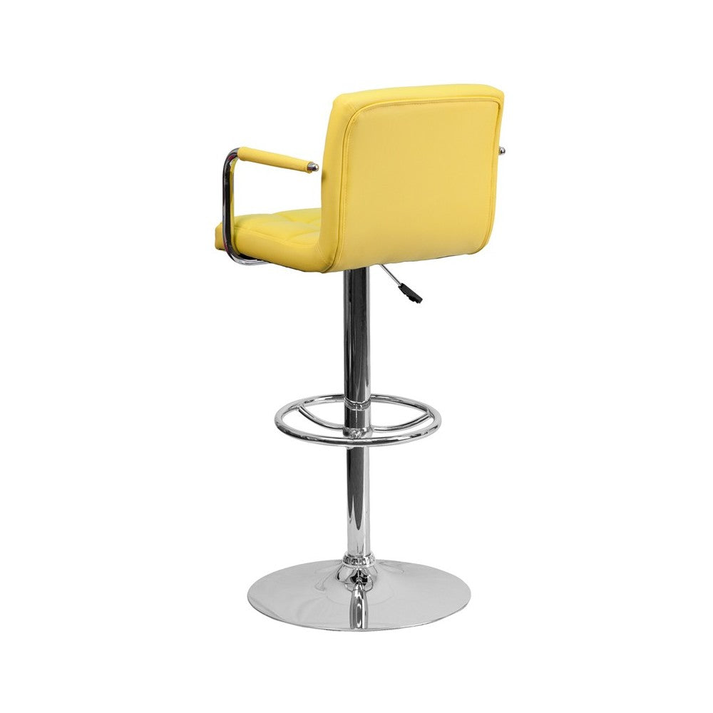 Contemporary Yellow Quilted Vinyl Adjustable Height Barstool with Arms and Chrome Base