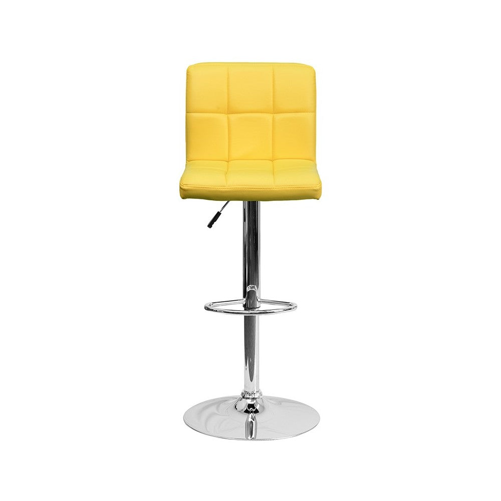 Contemporary Yellow Quilted Vinyl Adjustable Height Barstool with Chrome Base