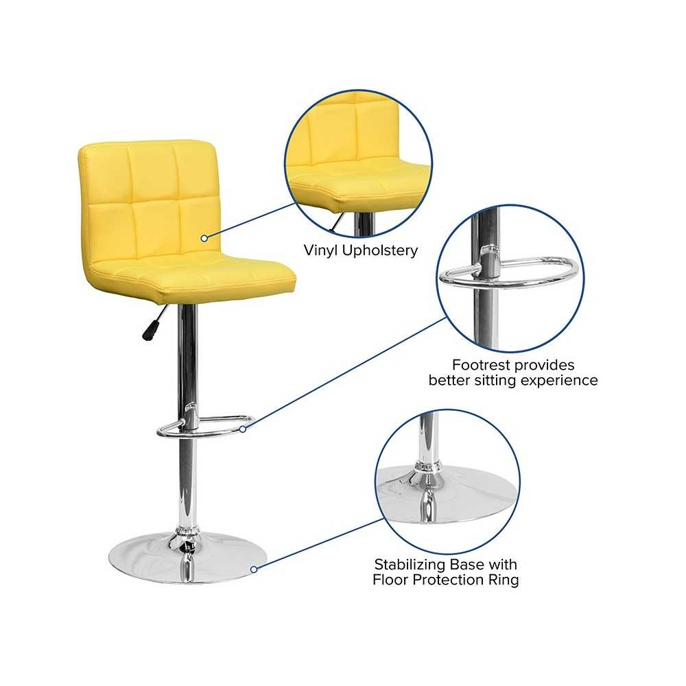 Contemporary Yellow Quilted Vinyl Adjustable Height Barstool with Chrome Base