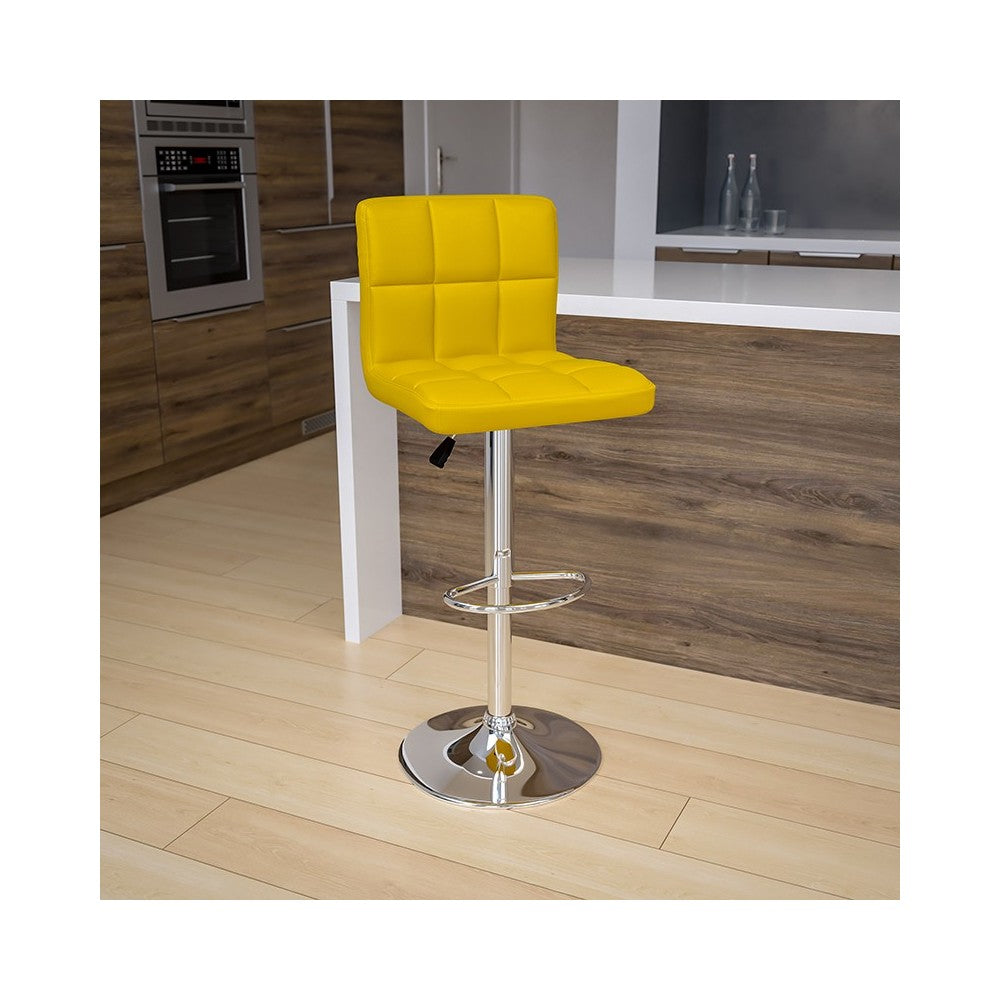 Contemporary Yellow Quilted Vinyl Adjustable Height Barstool with Chrome Base