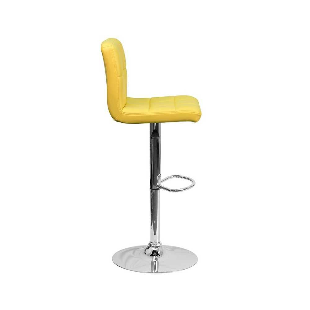 Contemporary Yellow Quilted Vinyl Adjustable Height Barstool with Chrome Base