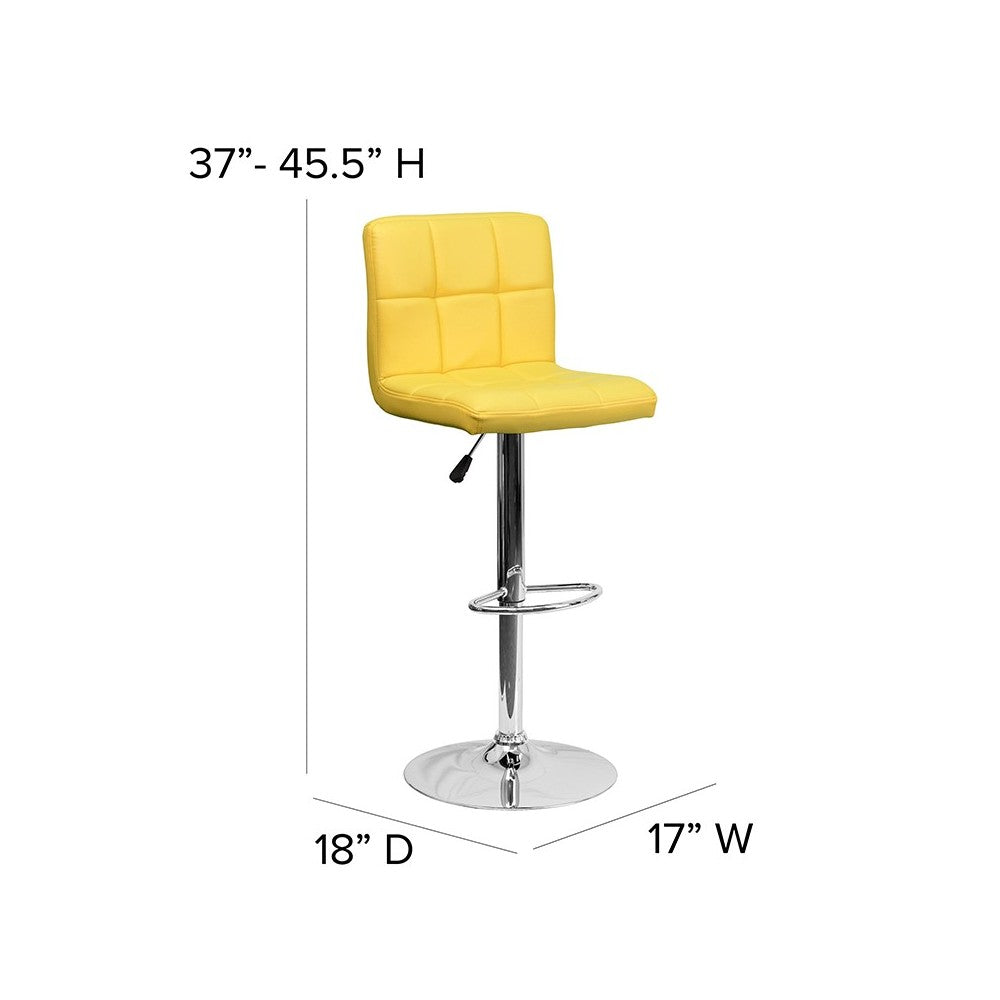 Contemporary Yellow Quilted Vinyl Adjustable Height Barstool with Chrome Base