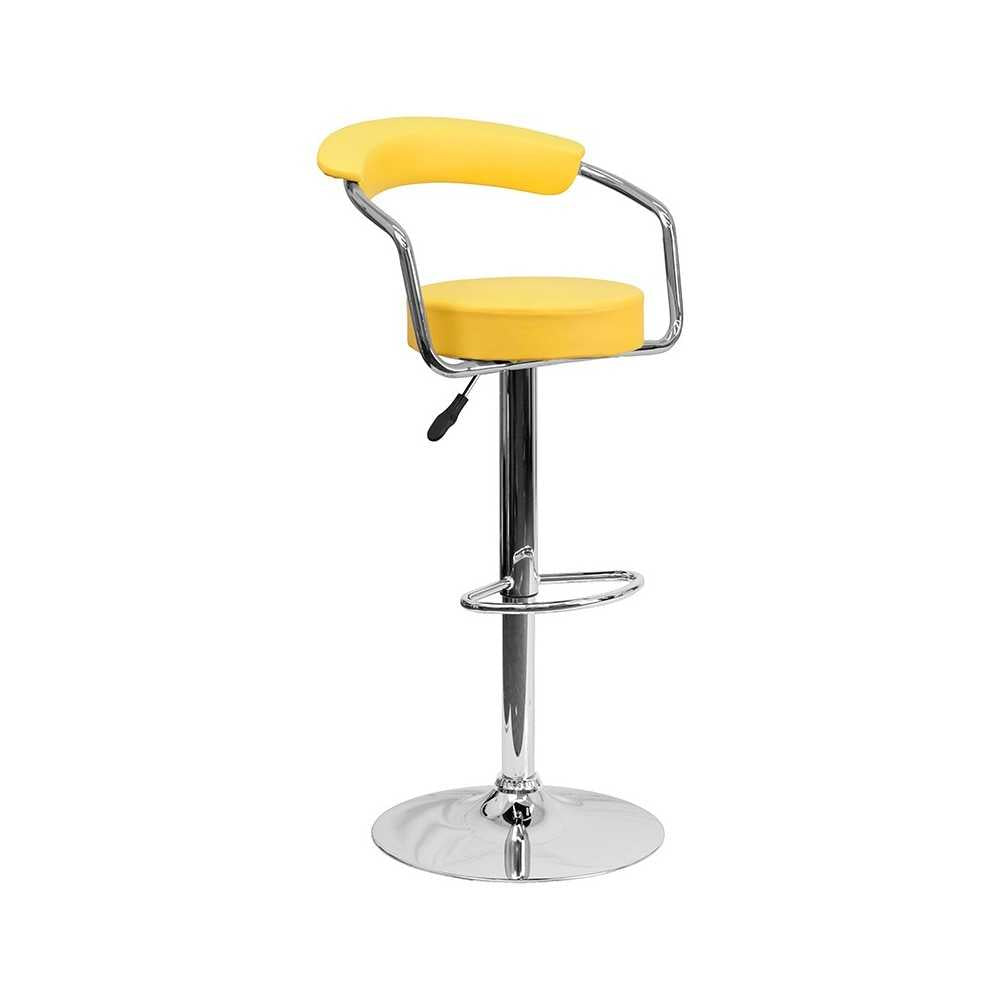 Contemporary Yellow Vinyl Adjustable Height Barstool with Arms and Chrome Base