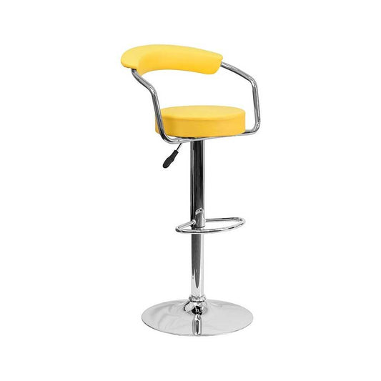 Contemporary Yellow Vinyl Adjustable Height Barstool with Arms and Chrome Base