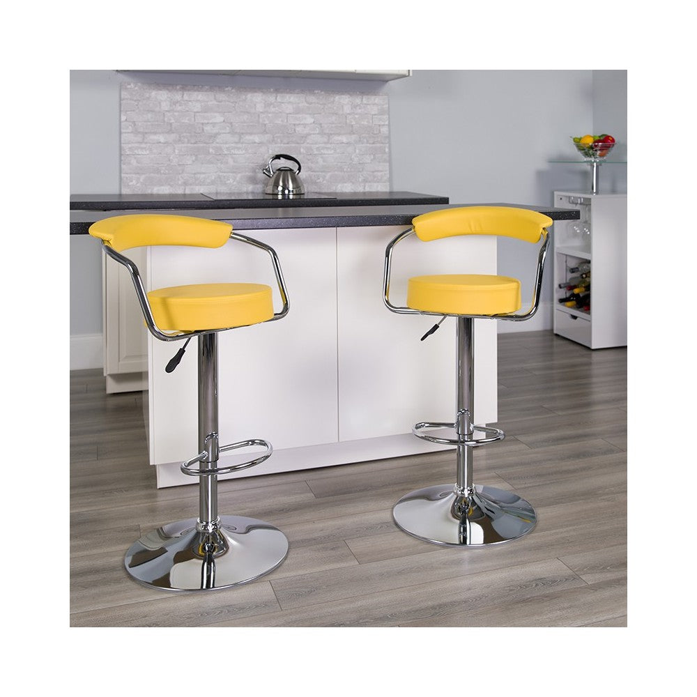 Contemporary Yellow Vinyl Adjustable Height Barstool with Arms and Chrome Base