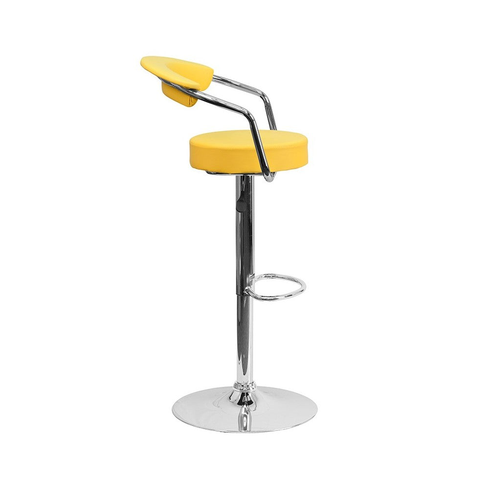 Contemporary Yellow Vinyl Adjustable Height Barstool with Arms and Chrome Base