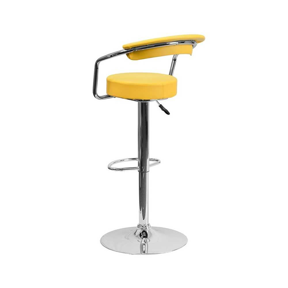 Contemporary Yellow Vinyl Adjustable Height Barstool with Arms and Chrome Base