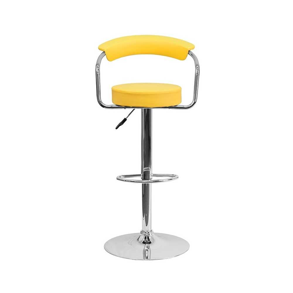 Contemporary Yellow Vinyl Adjustable Height Barstool with Arms and Chrome Base