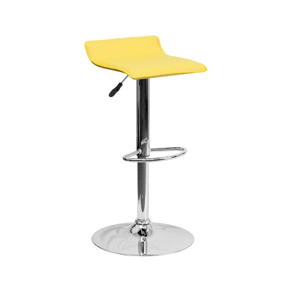 Contemporary Yellow Vinyl Adjustable Height Barstool with Solid Wave Seat and Chrome Base