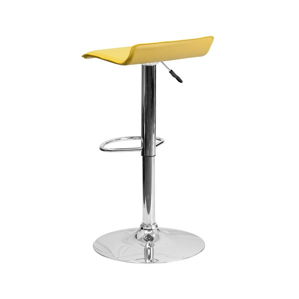 Contemporary Yellow Vinyl Adjustable Height Barstool with Solid Wave Seat and Chrome Base