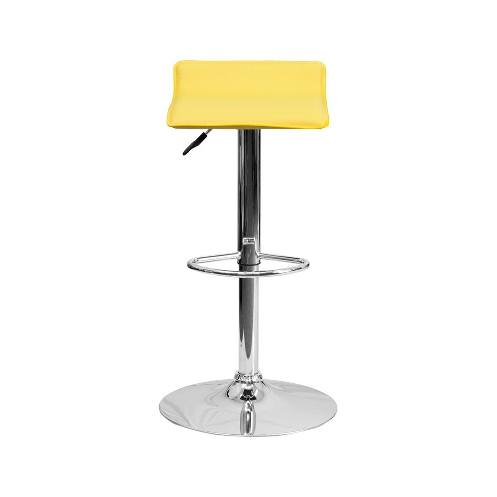 Contemporary Yellow Vinyl Adjustable Height Barstool with Solid Wave Seat and Chrome Base