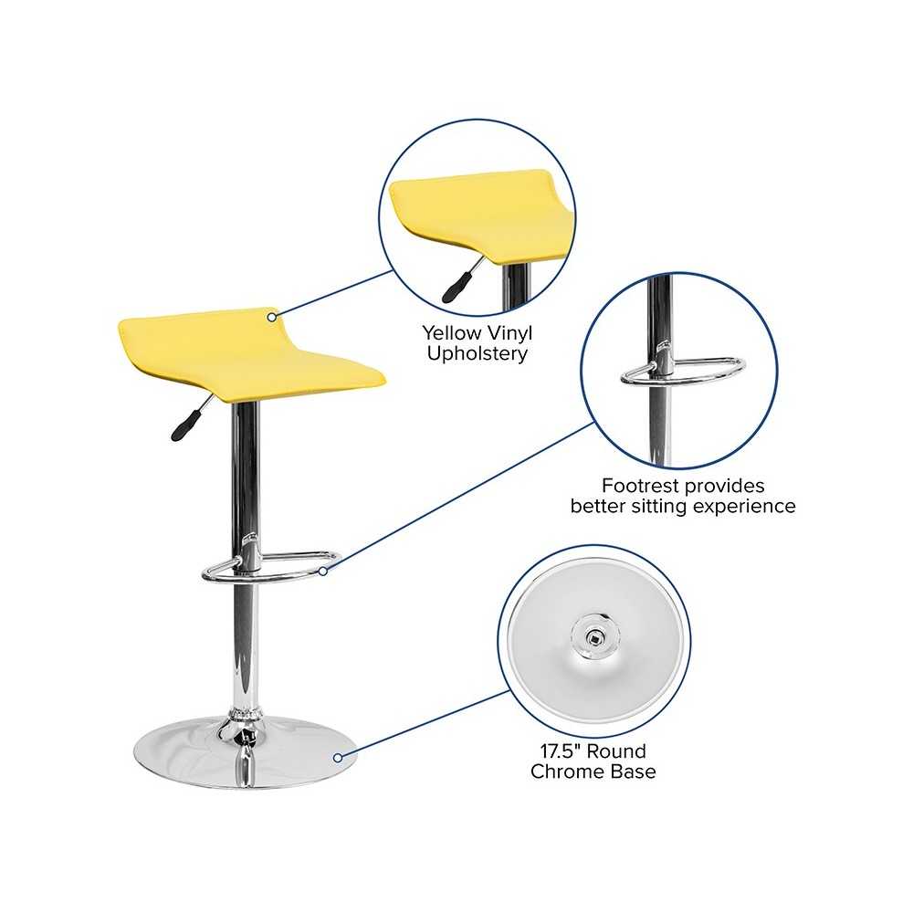 Contemporary Yellow Vinyl Adjustable Height Barstool with Solid Wave Seat and Chrome Base