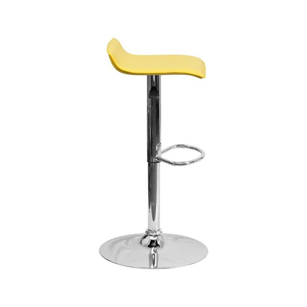 Contemporary Yellow Vinyl Adjustable Height Barstool with Solid Wave Seat and Chrome Base