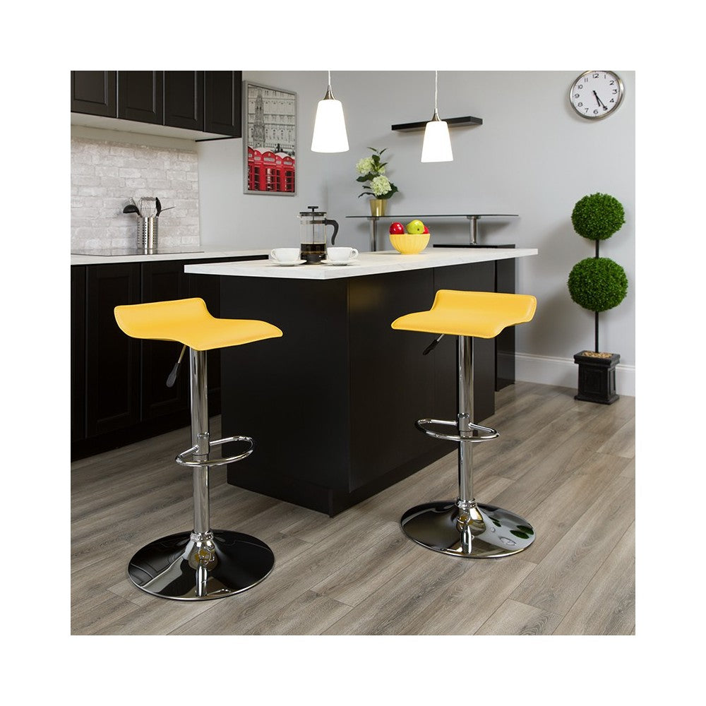 Contemporary Yellow Vinyl Adjustable Height Barstool with Solid Wave Seat and Chrome Base