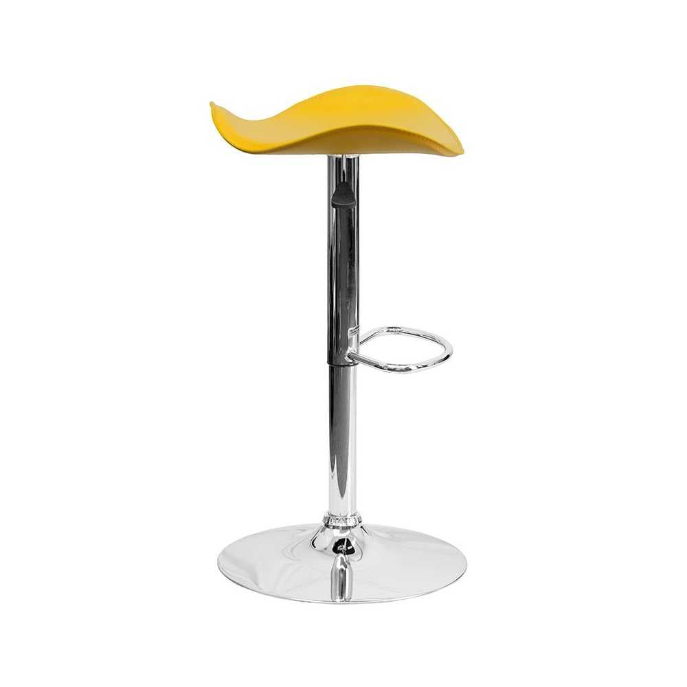 Contemporary Yellow Vinyl Adjustable Height Barstool with Wavy Seat and Chrome Base