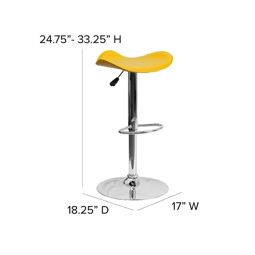 Contemporary Yellow Vinyl Adjustable Height Barstool with Wavy Seat and Chrome Base