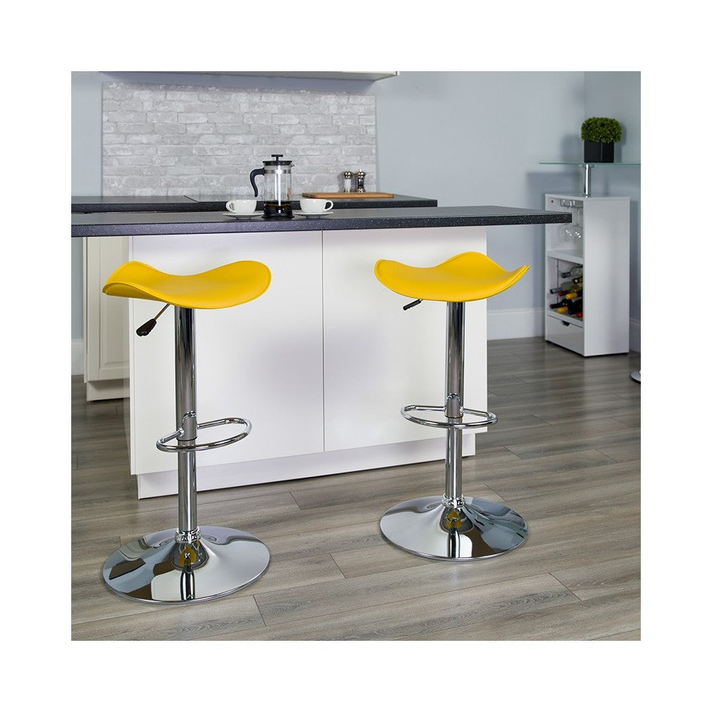 Contemporary Yellow Vinyl Adjustable Height Barstool with Wavy Seat and Chrome Base