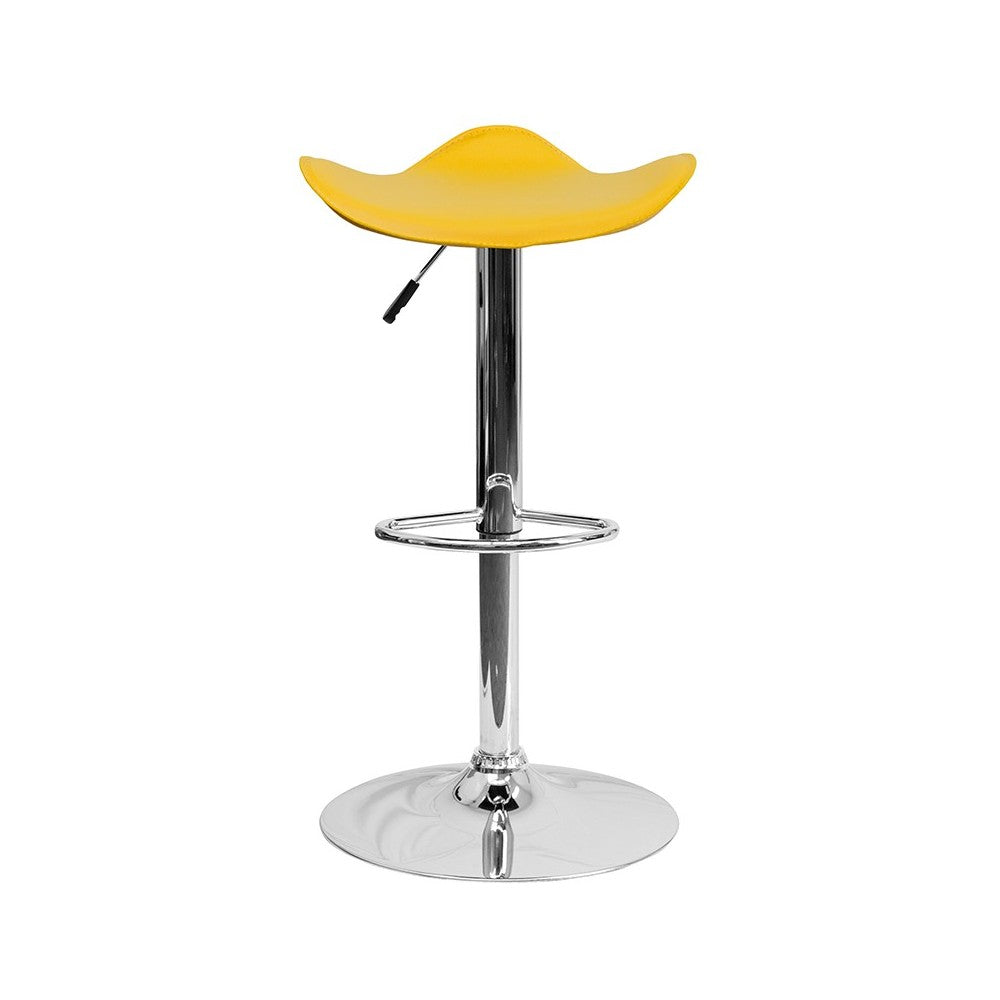 Contemporary Yellow Vinyl Adjustable Height Barstool with Wavy Seat and Chrome Base