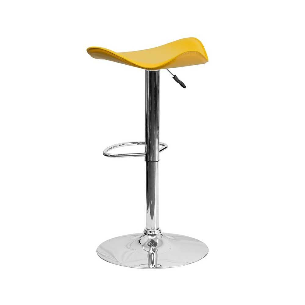 Contemporary Yellow Vinyl Adjustable Height Barstool with Wavy Seat and Chrome Base