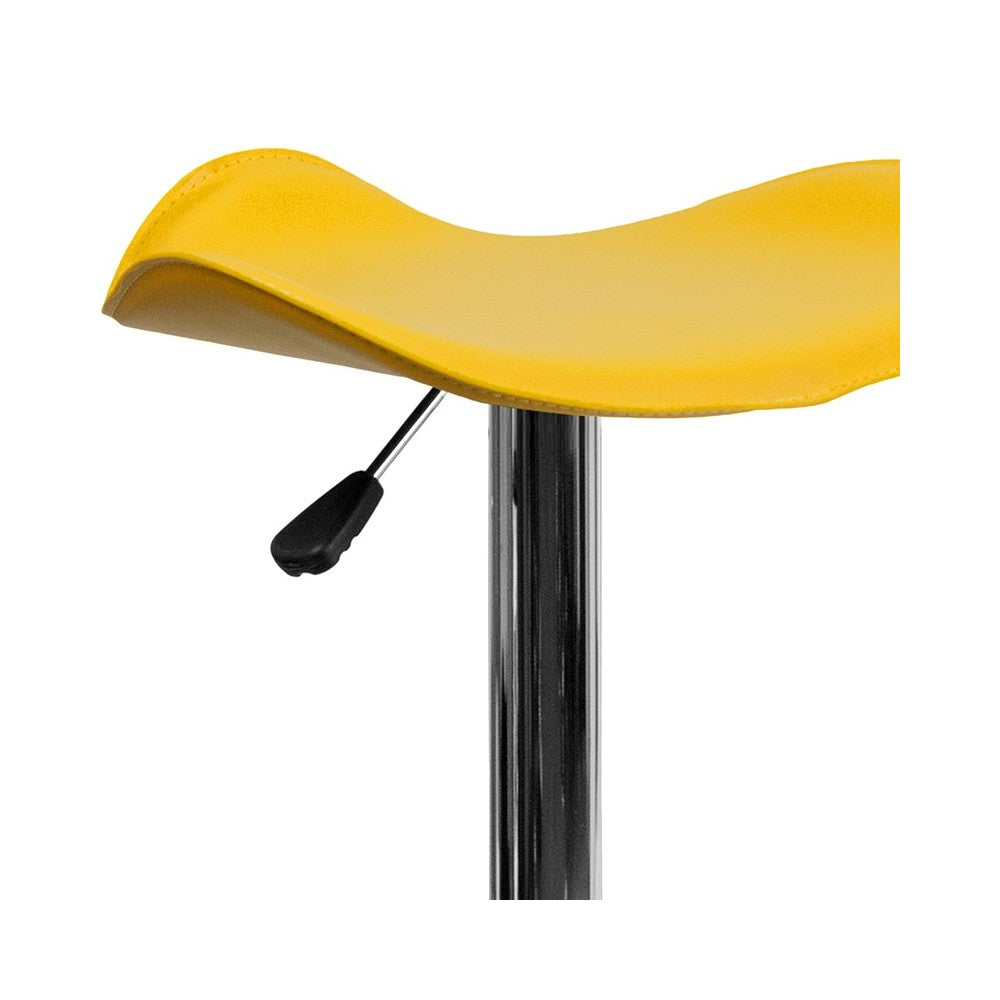 Contemporary Yellow Vinyl Adjustable Height Barstool with Wavy Seat and Chrome Base