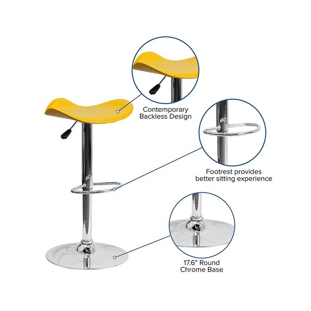 Contemporary Yellow Vinyl Adjustable Height Barstool with Wavy Seat and Chrome Base