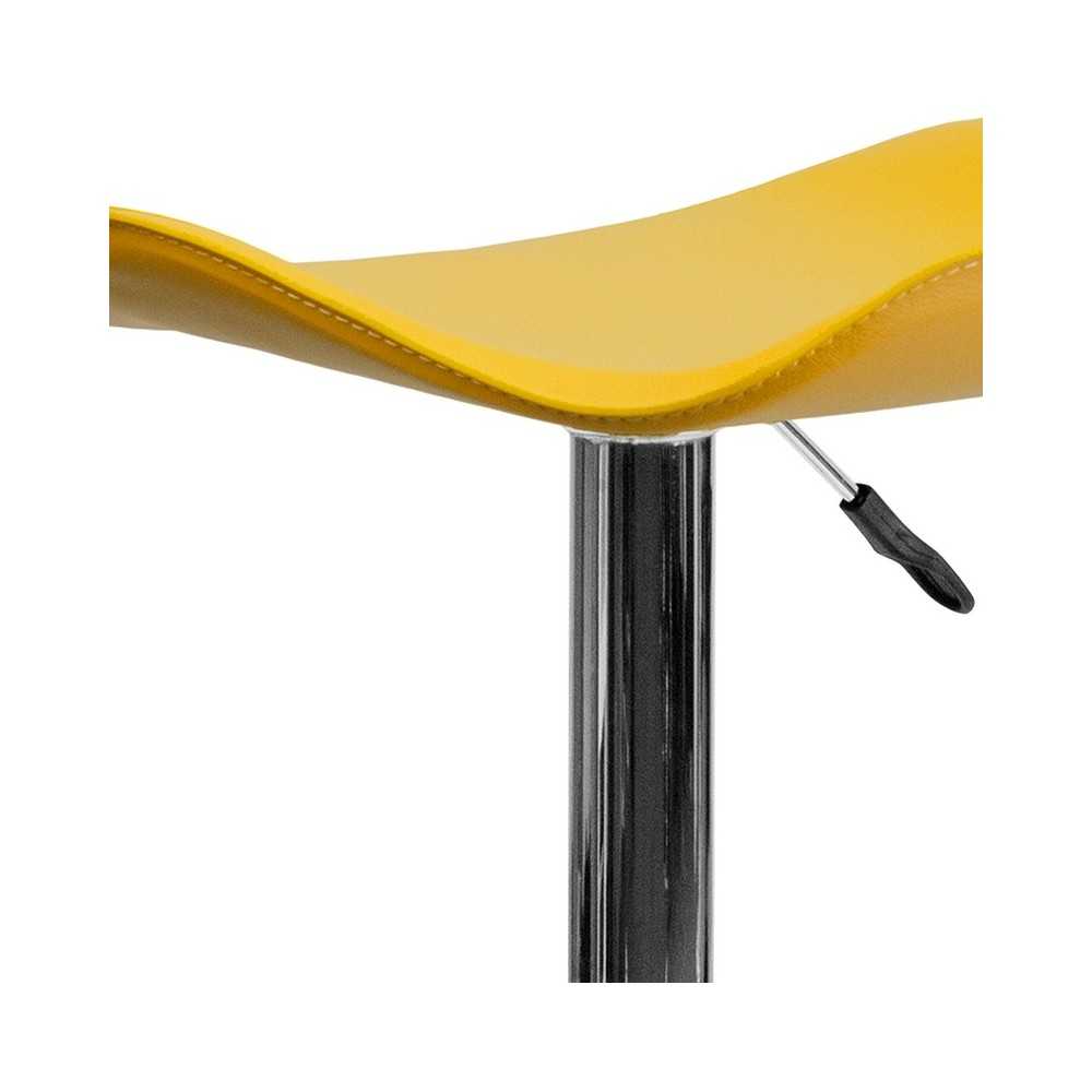 Contemporary Yellow Vinyl Adjustable Height Barstool with Wavy Seat and Chrome Base