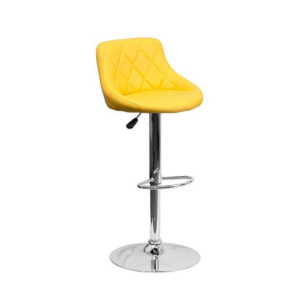 Contemporary Yellow Vinyl Bucket Seat Adjustable Height Barstool with Diamond Pattern Back and Chrome Base