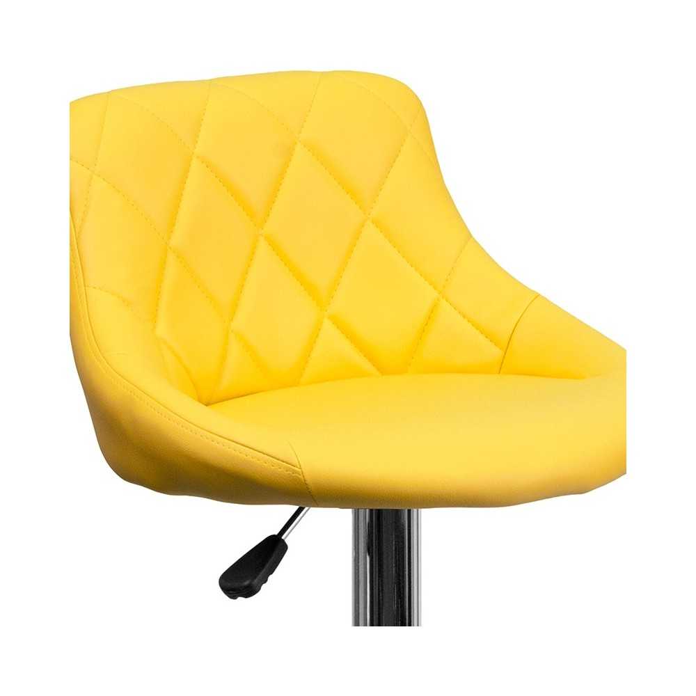 Contemporary Yellow Vinyl Bucket Seat Adjustable Height Barstool with Diamond Pattern Back and Chrome Base