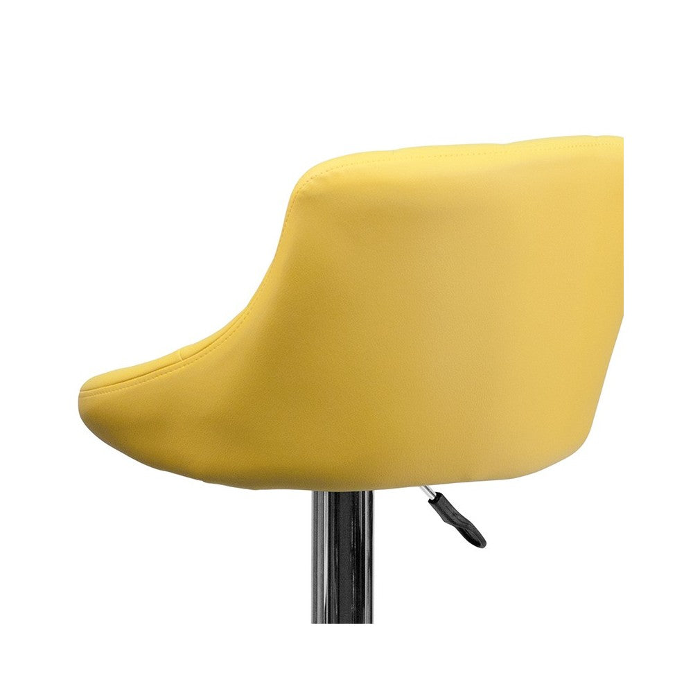 Contemporary Yellow Vinyl Bucket Seat Adjustable Height Barstool with Diamond Pattern Back and Chrome Base