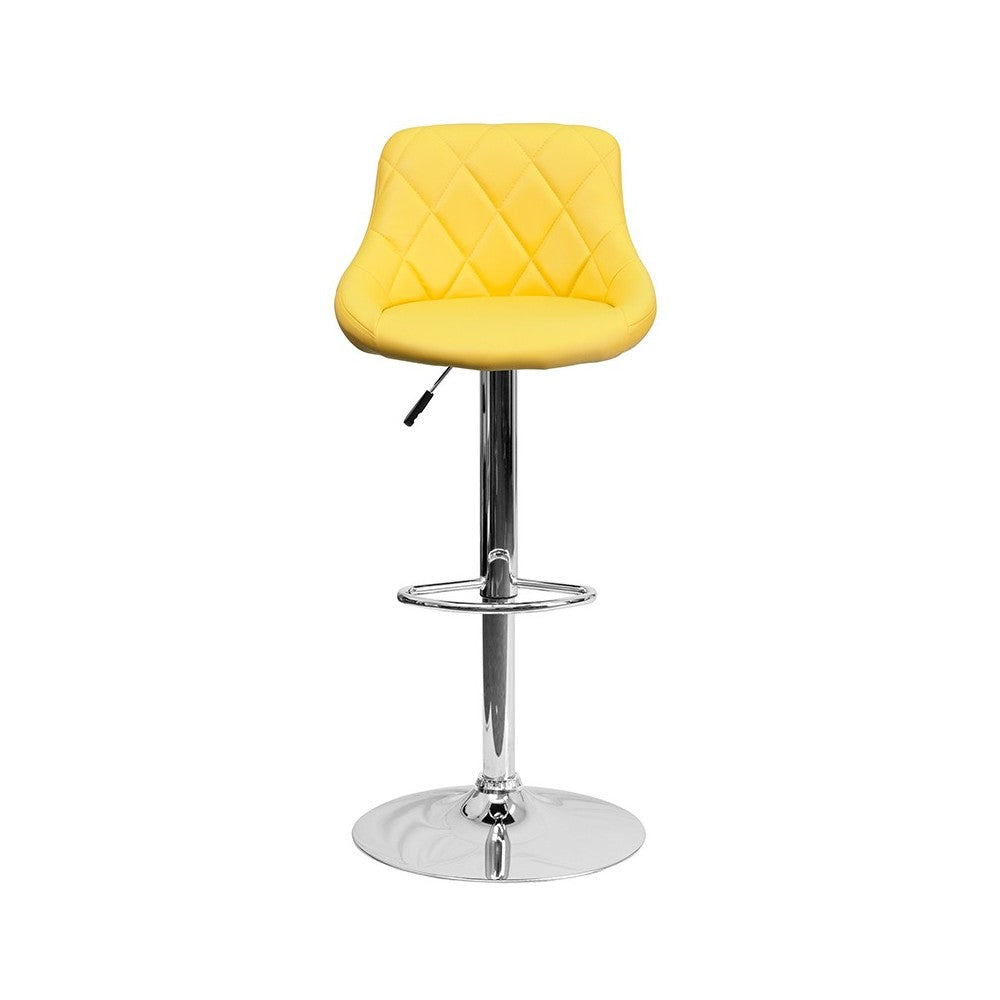 Contemporary Yellow Vinyl Bucket Seat Adjustable Height Barstool with Diamond Pattern Back and Chrome Base