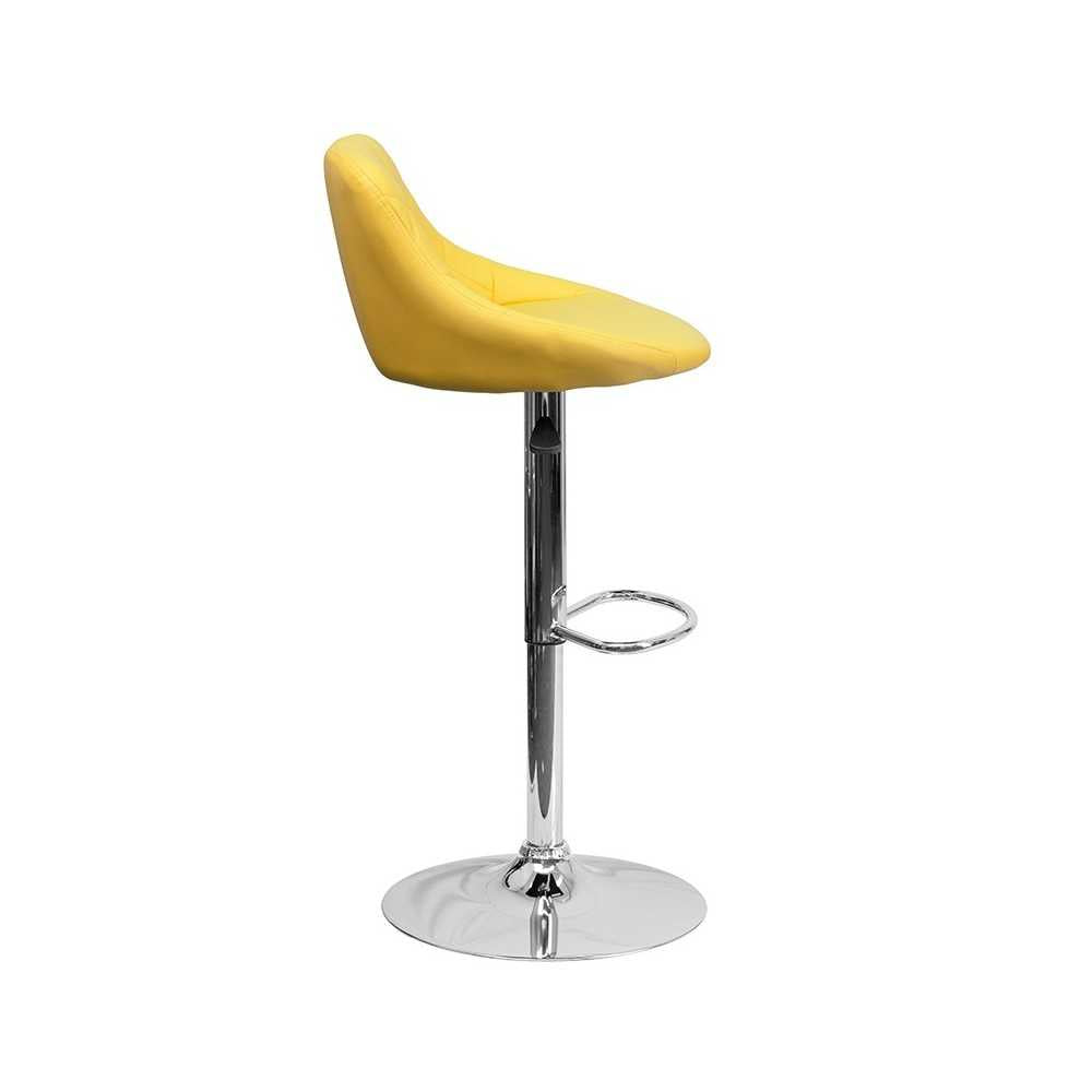 Contemporary Yellow Vinyl Bucket Seat Adjustable Height Barstool with Diamond Pattern Back and Chrome Base