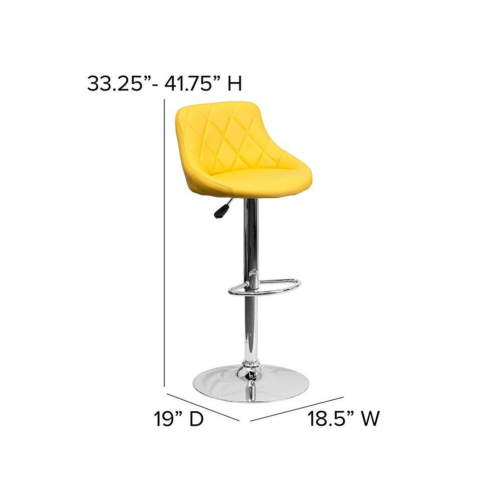 Contemporary Yellow Vinyl Bucket Seat Adjustable Height Barstool with Diamond Pattern Back and Chrome Base