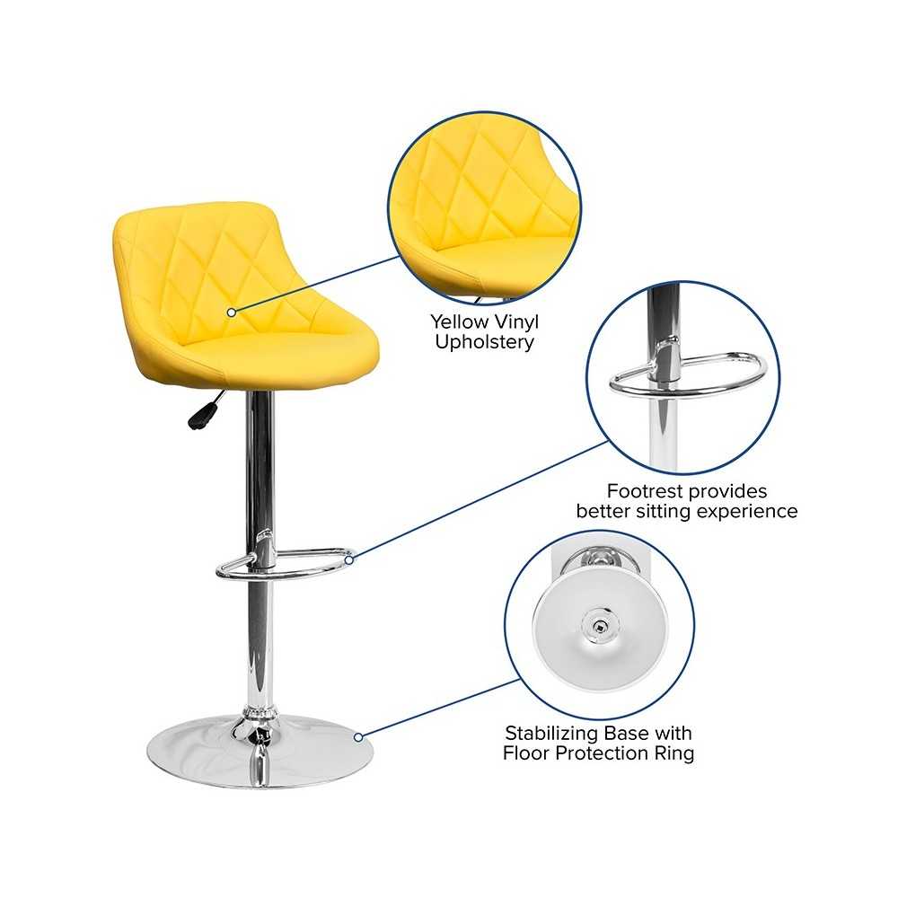 Contemporary Yellow Vinyl Bucket Seat Adjustable Height Barstool with Diamond Pattern Back and Chrome Base