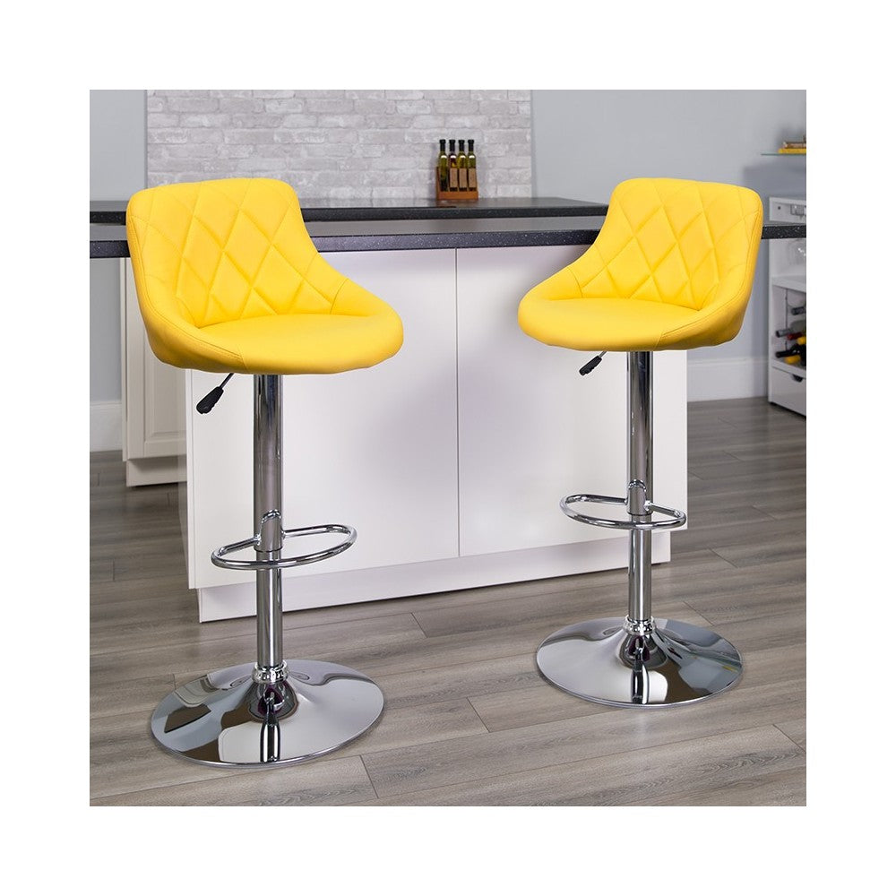 Contemporary Yellow Vinyl Bucket Seat Adjustable Height Barstool with Diamond Pattern Back and Chrome Base