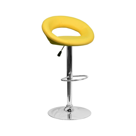 Contemporary Yellow Vinyl Rounded Orbit-Style Back Adjustable Height Barstool with Chrome Base