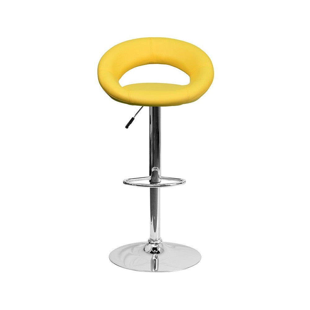 Contemporary Yellow Vinyl Rounded Orbit-Style Back Adjustable Height Barstool with Chrome Base