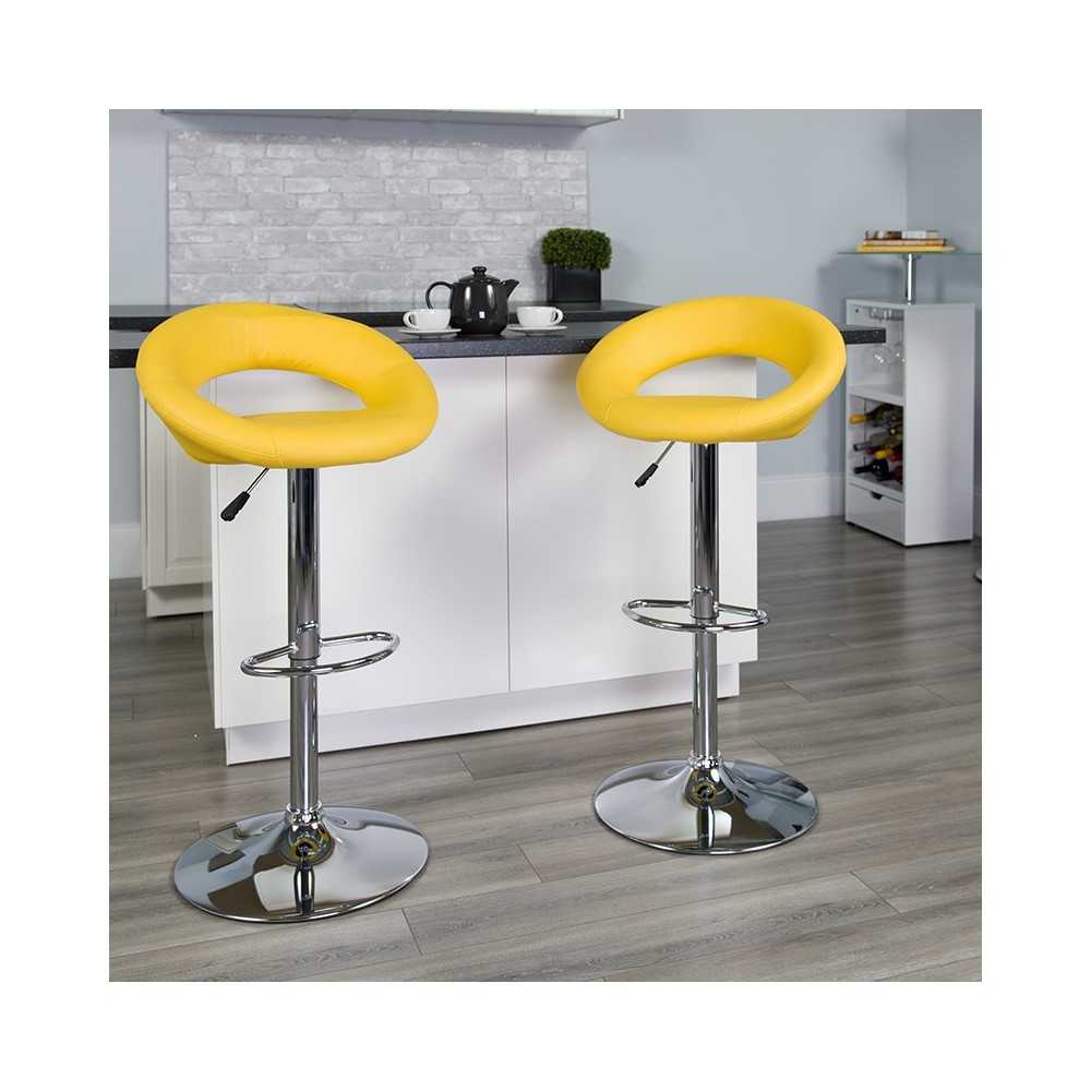 Contemporary Yellow Vinyl Rounded Orbit-Style Back Adjustable Height Barstool with Chrome Base